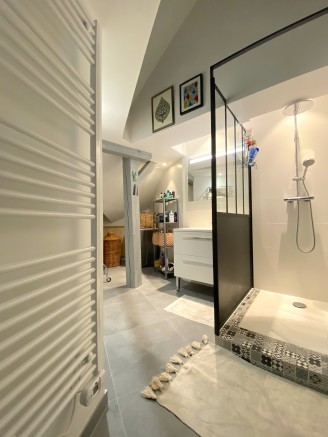 salle de bain avec douche et baignoire